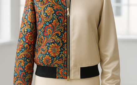 Chaqueta bomber reversible de seda con diseños vibrantes y elegantes en un estudio moderno.