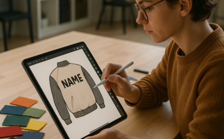Artista diseñando una chaqueta bomber personalizada en un estudio moderno