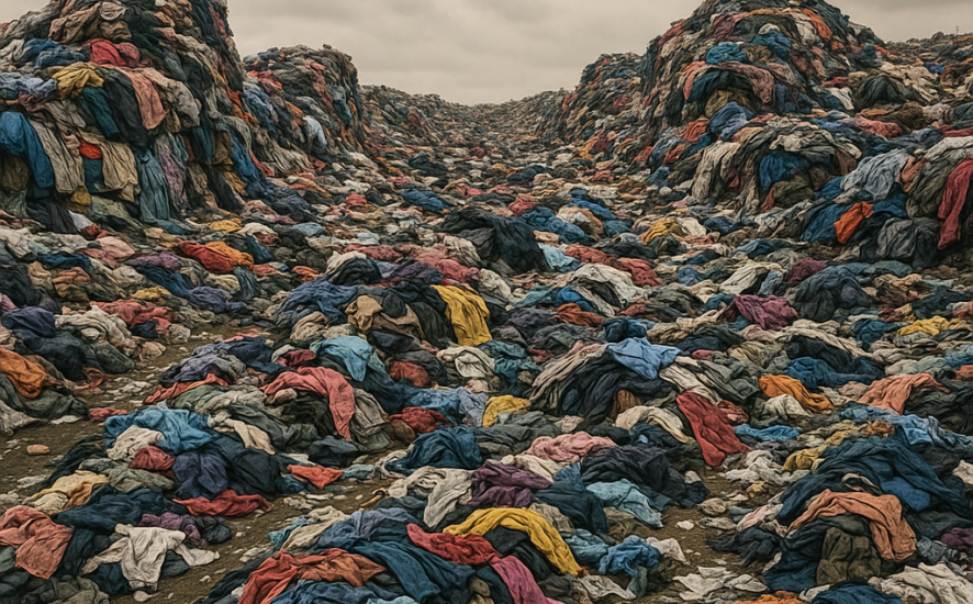 Vertedero abarrotado con montones de ropa de moda rápida, mostrando el impacto ambiental del exceso de producción
