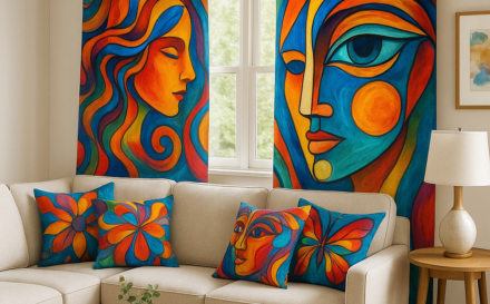 Una sala de estar con cortinas y cojines personalizados con diseños artísticos y coloridos