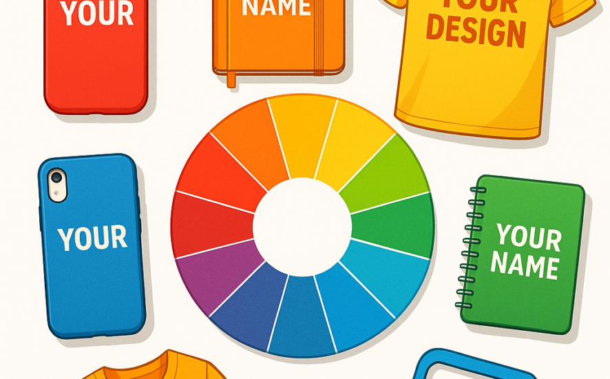 Rueda de color rodeada de productos personalizados como fundas de móvil y camisetas en tonos coordinados