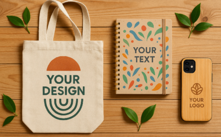 Colección de productos personalizables ecológicos, como una bolsa reutilizable, un cuaderno reciclado y una funda de bambú, sobre un fondo de madera.