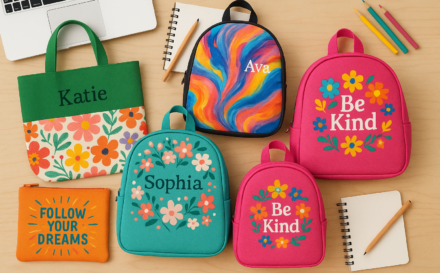 Colección de bolsos y mochilas personalizados con diseños únicos sobre una mesa de madera