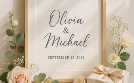 Montaje de regalo de boda con arte de pared personalizado, flores y caja de regalo en una mesa blanca.