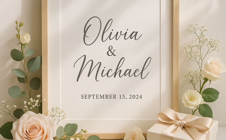 Montaje de regalo de boda con arte de pared personalizado, flores y caja de regalo en una mesa blanca.