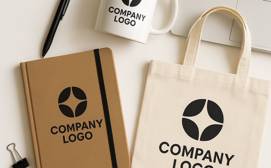 Selección de regalos corporativos personalizables como libretas, tazas y bolsas reutilizables sobre un escritorio blanco.