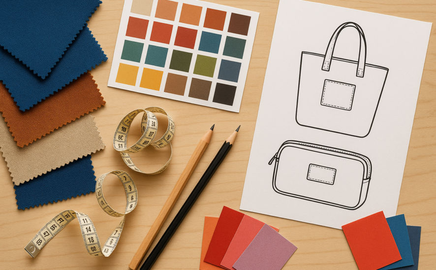 Espacio de trabajo creativo con muestras de tela de alta calidad y bocetos de diseño.