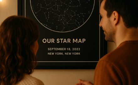 Pareja mirando un mapa estelar personalizado colgado en la pared