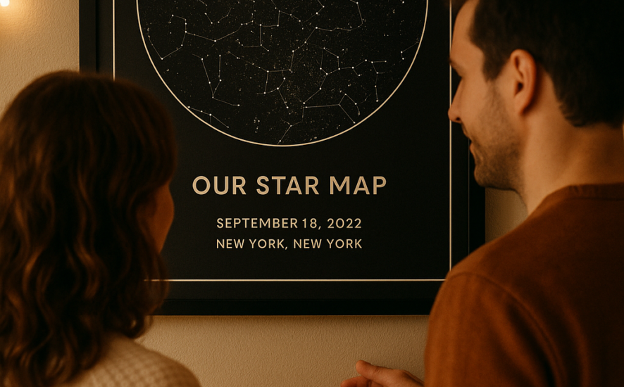 Pareja mirando un mapa estelar personalizado colgado en la pared