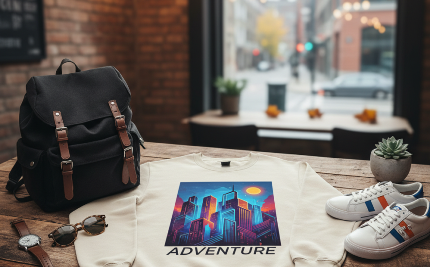 Sudadera personalizada con estampado a todo color en una mesa de madera junto a accesorios casuales