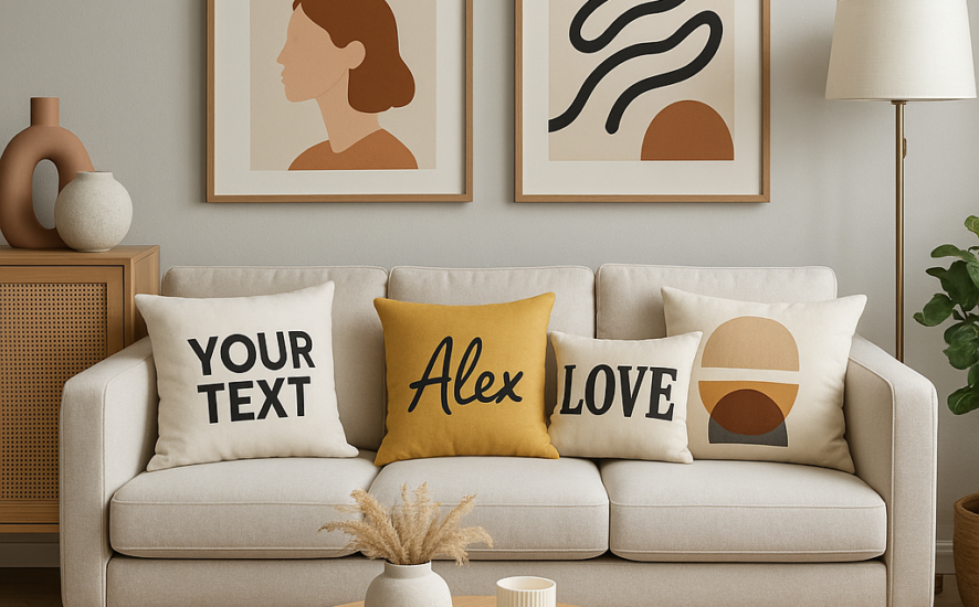 A stylish living room showcasing personalized home accessories and art.
