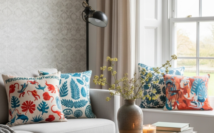 Rincón de salón acogedor con cojines personalizados y papel pintado sostenible de diseño moderno.