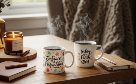 Escena acogedora de un sábado por la mañana con una taza personalizada con una frase motivadora, café humeante y una manta suave al fondo.