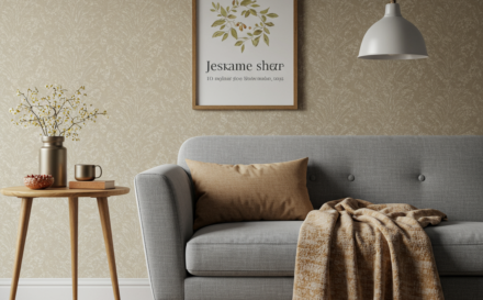 Salón acogedor con decoración personalizada: cojín, manta y papel pintado a juego.