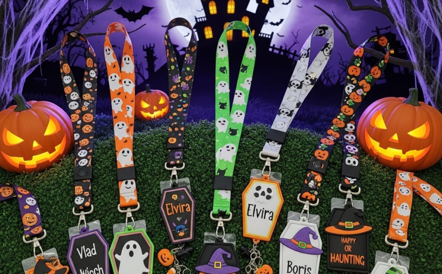 Personalized Halloween-themed lanyards and cardholders on a spooky surface.