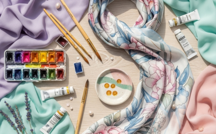 Composición de telas en tonos pastel y un pañuelo de seda con estampado floral suave sobre fondo de madera clara.