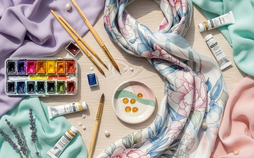 Composición de telas en tonos pastel y un pañuelo de seda con estampado floral suave sobre fondo de madera clara.