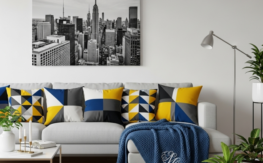 Salón moderno con decoración personalizada, incluyendo cojines con patrones geométricos, una manta personalizada y un cuadro en la pared.