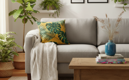 Salón acogedor con un sofá gris decorado con un cojín de terciopelo amarillo mostaza de estampado tropical