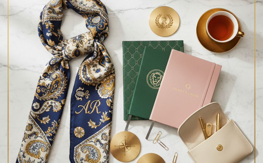 Selección de productos personalizados de lujo como pañuelos de seda, cuadernos y posavasos sobre una superficie de mármol.