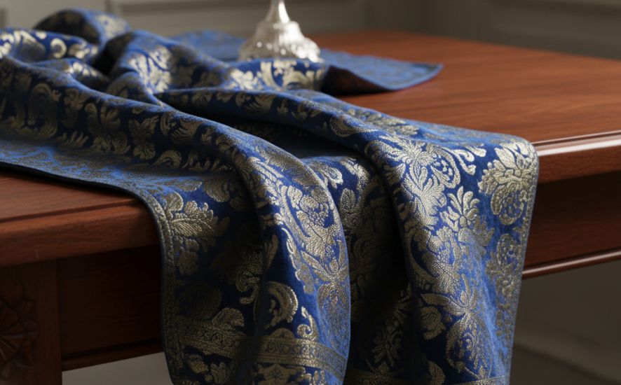 Close-up view of a high-quality, heavy fabric generously draped on a wooden surface.