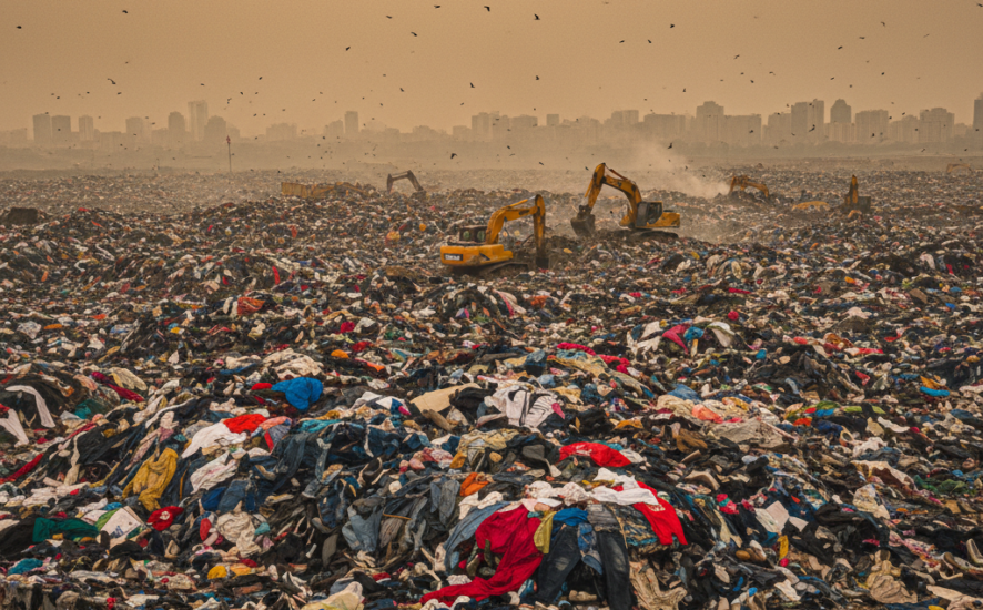 Landfill with excess fashion waste, illustrating the overproduction issue in the fashion industry.