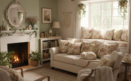 Cozy cottagecore room with floral cushions and pastel colors.
