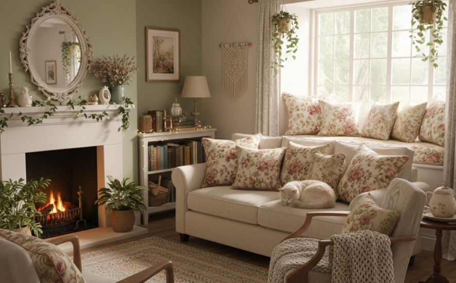 Cozy cottagecore room with floral cushions and pastel colors.