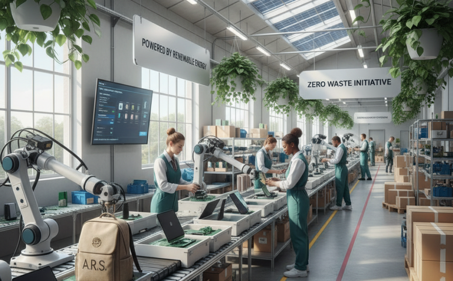 Interior of a sustainable production facility in the UK with workers assembling personalized products.
