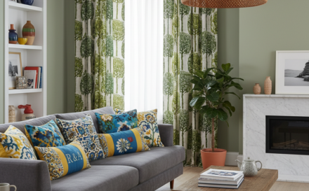 Living room with colorful personalized cushions and custom curtains