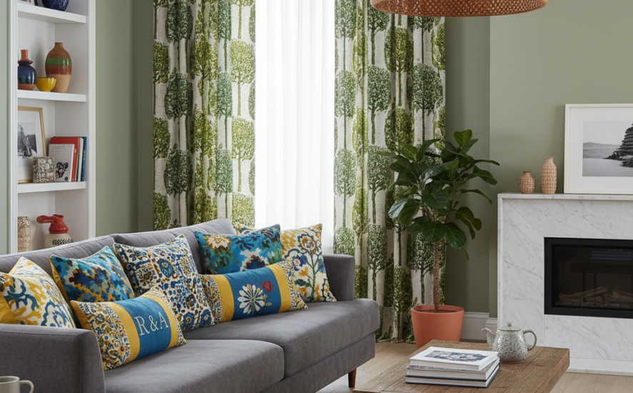 Living room with colorful personalized cushions and custom curtains