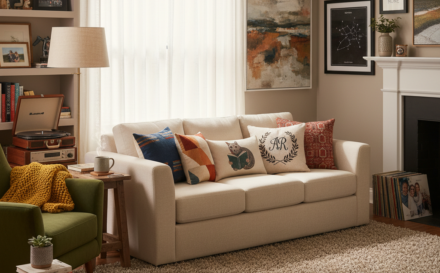 A cozy living room with personalized decor items and a warm atmosphere.