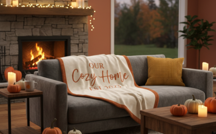 Cozy living room with a personalized blanket on a sofa, decorated for autumn.