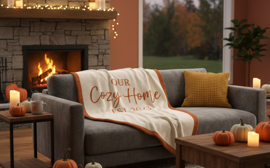 Cozy living room with a personalized blanket on a sofa, decorated for autumn.