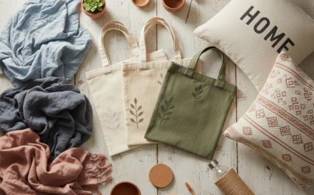 Stylish eco-friendly home products displayed on a wooden surface