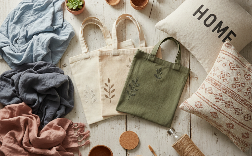 Stylish eco-friendly home products displayed on a wooden surface