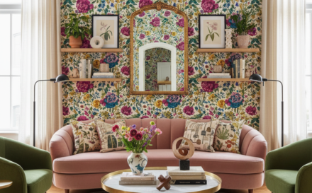 Living room showcasing personalized floral wallpaper with a comfortable sofa