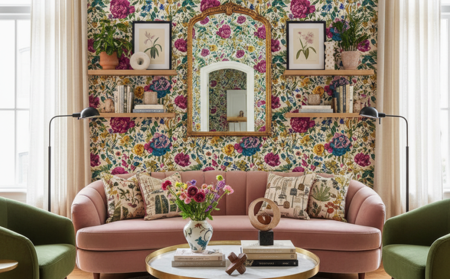Living room showcasing personalized floral wallpaper with a comfortable sofa