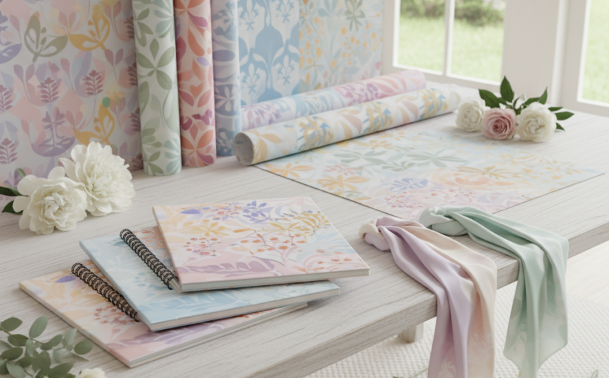 Collection of pastel-colored stationery items arranged on a wooden surface with flowers