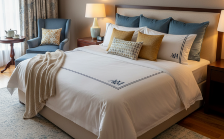 Un dormitorio acogedor con lencería de cama personalizada y colores coordinados.