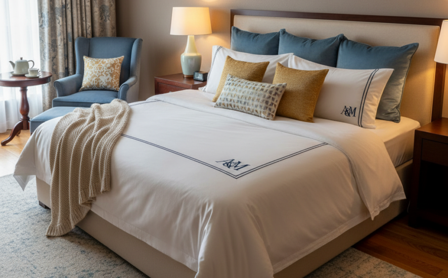 Un dormitorio acogedor con lencería de cama personalizada y colores coordinados.