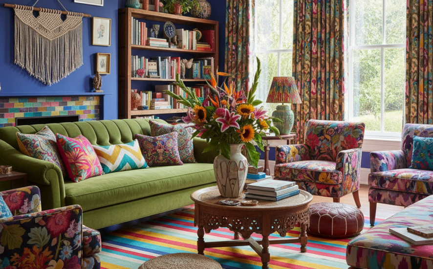 Sala de estar vibrante con una mezcla de colores atrevidos y patrones intrincados.