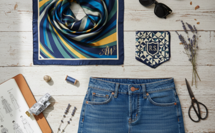 Stylish flat lay of personalized fashion items including a silk scarf, pocket square, and denim skirt.