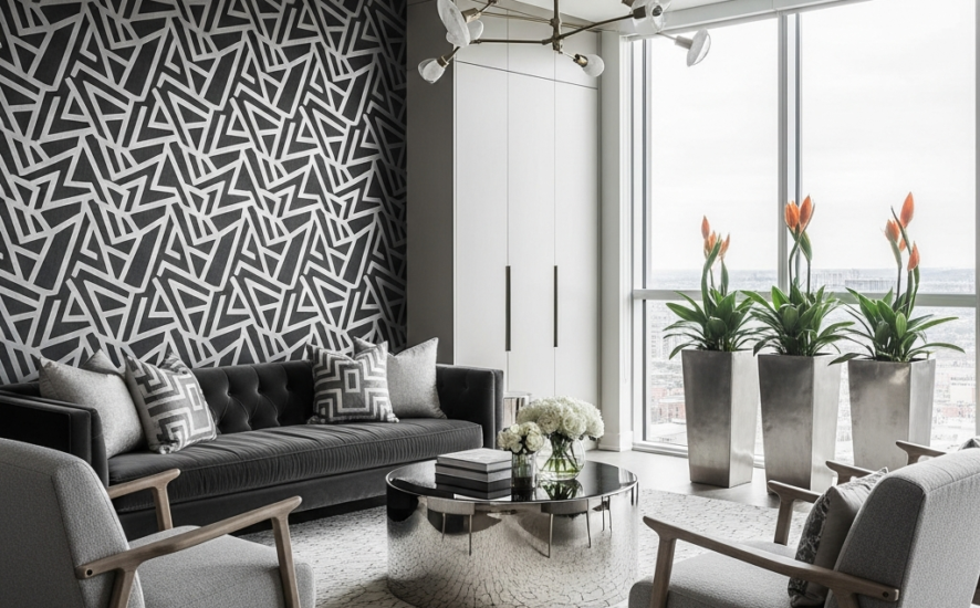Stylish living room with bold geometric custom wallpaper and elegant furniture