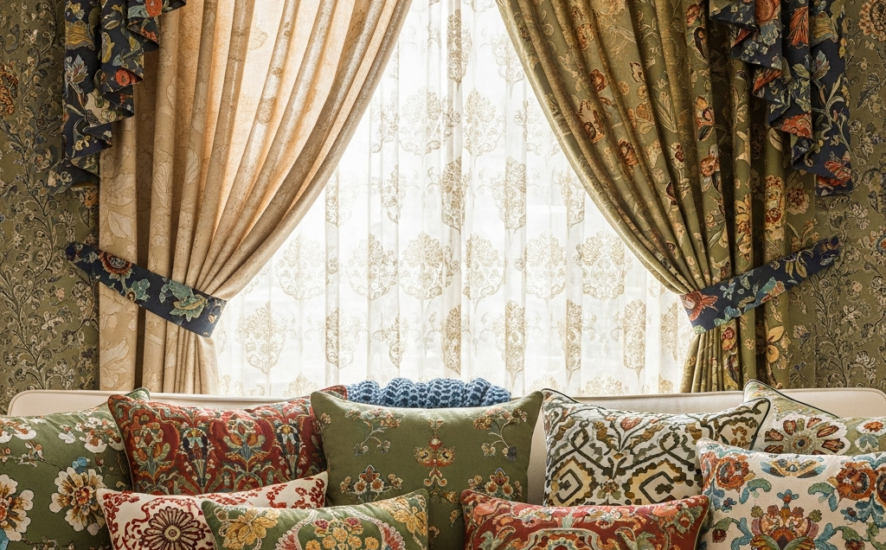 A beautiful living room arrangement with cushions and curtains in various patterns.