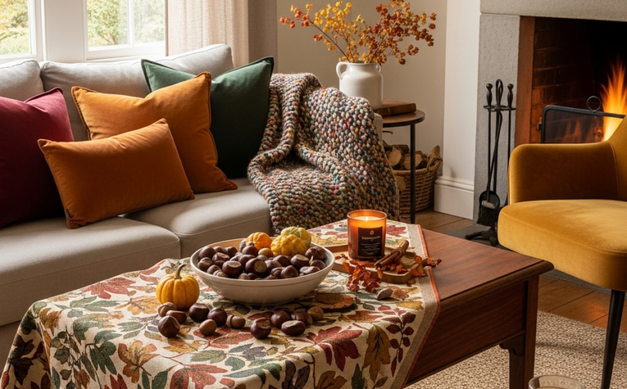 Cozy living room with autumn-themed decor including velvet cushions and autumn-patterned tablecloth.