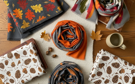 A selection of personalized scarves in autumn colors displayed on a wooden table.