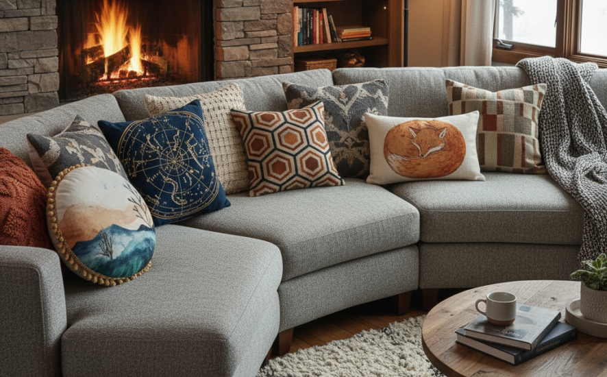 Living room with personalized cushions on a sofa