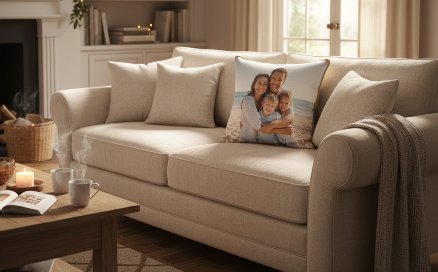 Personalized cushion with a family photo on a sofa in a cozy living room