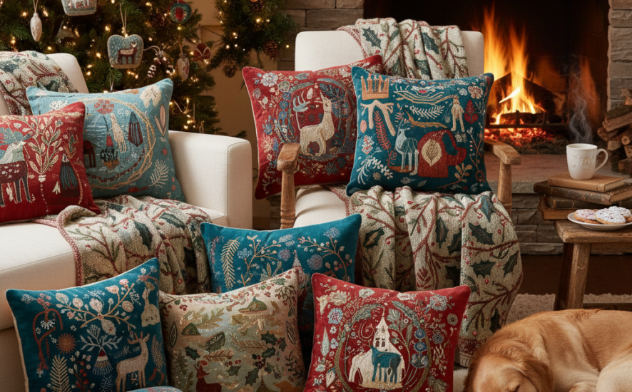 Colorful Christmas-themed cushions and throws arranged on a sofa with seasonal decorations.
